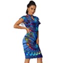 Top Peacock Feathers Vintage Frill Sleeve V-Neck Bodycon Dress View3