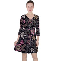 Flower Art Pattern Quarter Sleeve Ruffle Waist Dress by Ket1n9