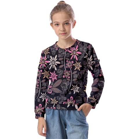 Flower Art Pattern Kids  Long Sleeve T-shirt With Frill  by Ket1n9