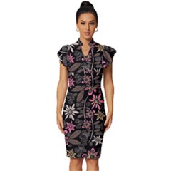 Flower Art Pattern Vintage Frill Sleeve V-neck Bodycon Dress by Ket1n9