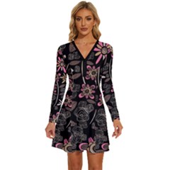 Flower Art Pattern Long Sleeve Deep V Mini Dress  by Ket1n9