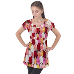 Rose Color Beautiful Flowers Puff Sleeve Tunic Top by Ket1n9