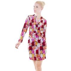 Rose Color Beautiful Flowers Button Long Sleeve Dress by Ket1n9