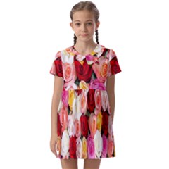 Rose Color Beautiful Flowers Kids  Asymmetric Collar Dress