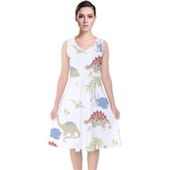 Dinosaur Art Pattern V-neck Midi Sleeveless Dress  by Ket1n9