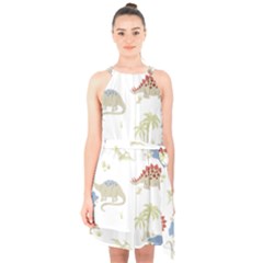 Dinosaur Art Pattern Halter Collar Waist Tie Chiffon Dress by Ket1n9