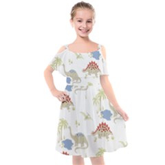 Dinosaur Art Pattern Kids  Cut Out Shoulders Chiffon Dress