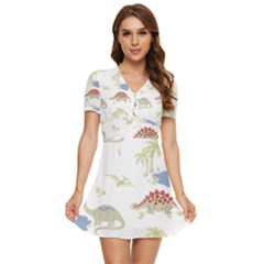 Dinosaur Art Pattern V-neck High Waist Chiffon Mini Dress by Ket1n9