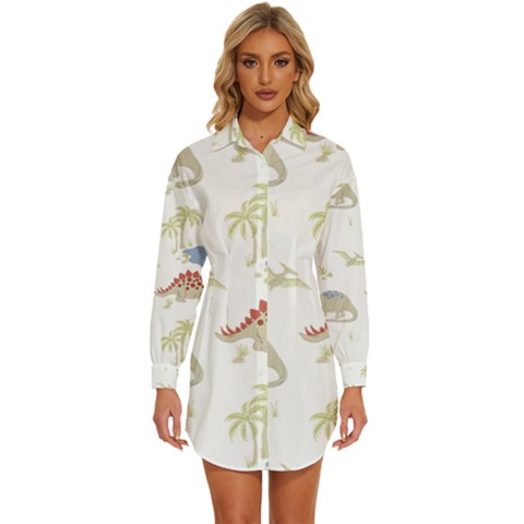 Dinosaur Art Pattern Womens Long Sleeve Shirt Dress by Ket1n9