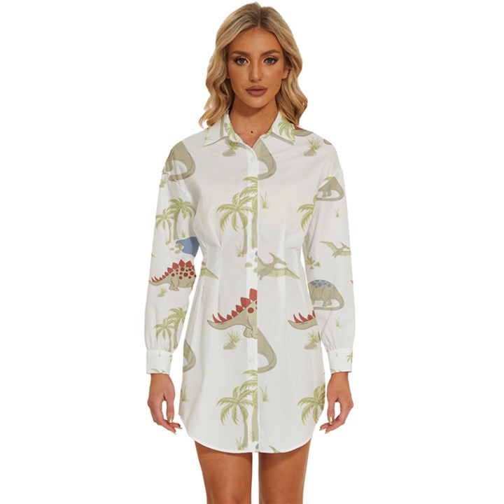 Dinosaur Art Pattern Womens Long Sleeve Shirt Dress