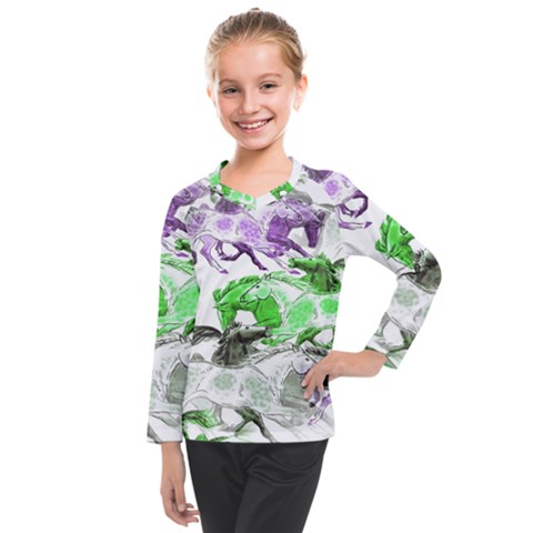 Horse-horses-animal-world-green Kids  Long Mesh T-shirt by Ket1n9