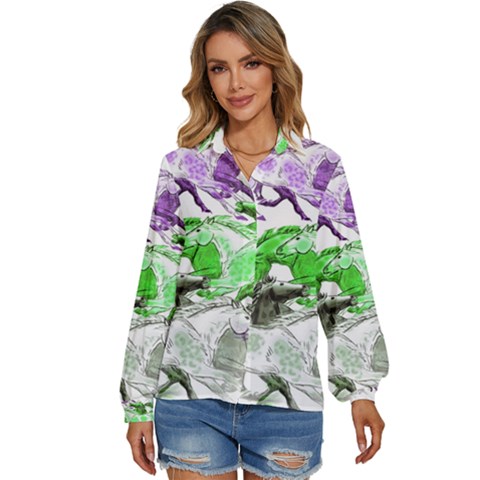 Horse-horses-animal-world-green Women s Long Sleeve Button Up Shirt by Ket1n9