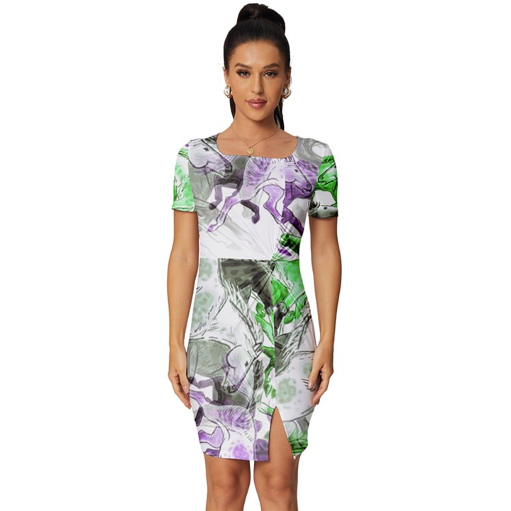 Horse-horses-animal-world-green Fitted Knot Split End Bodycon Dress