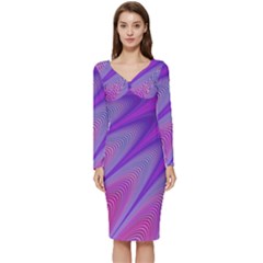 Purple-star-sun-sunshine-fractal Long Sleeve V-neck Bodycon Dress  by Ket1n9