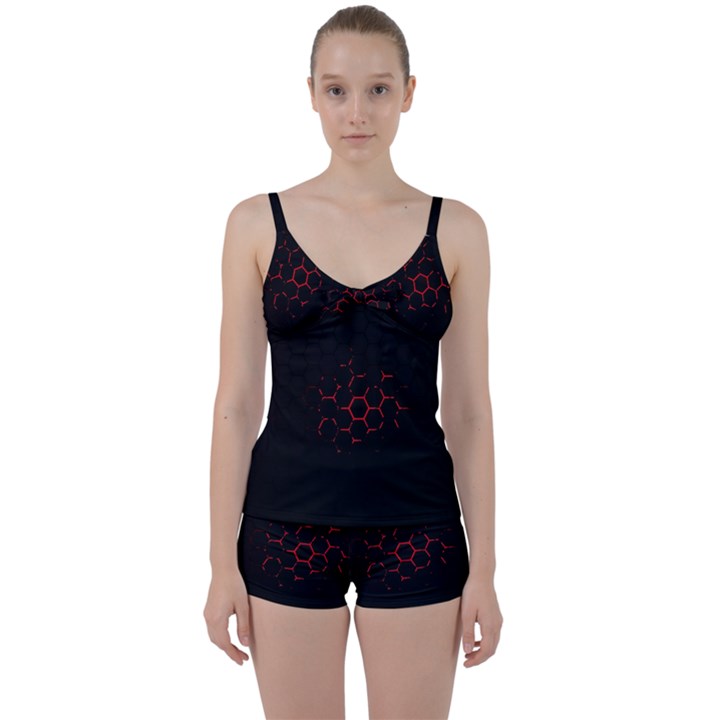 Abstract Pattern Honeycomb Tie Front Two Piece Tankini