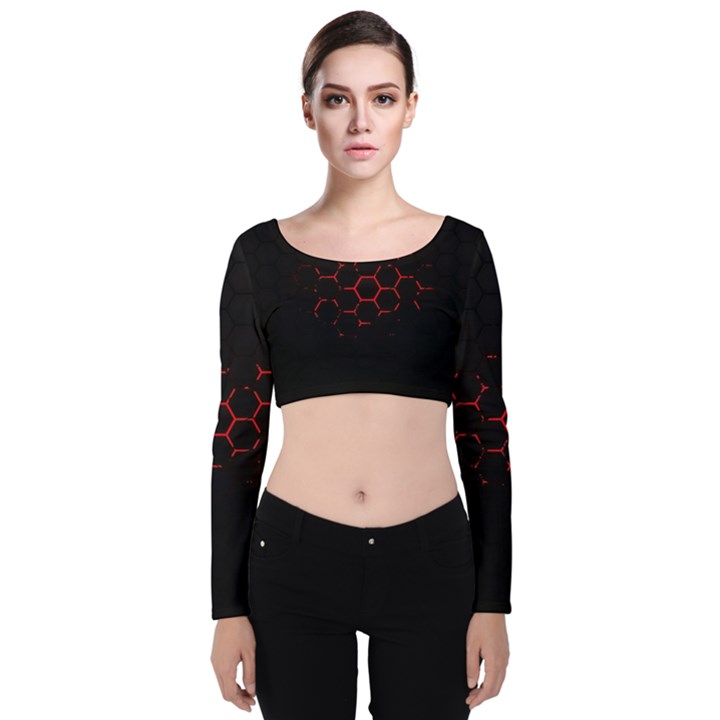 Abstract Pattern Honeycomb Velvet Long Sleeve Crop Top