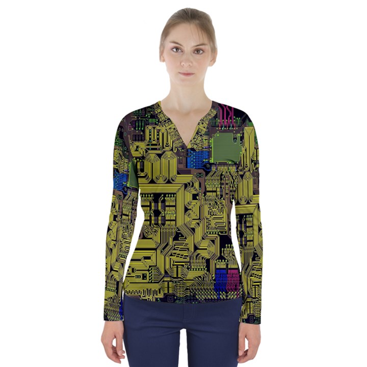 Technology Circuit Board V-Neck Long Sleeve Top