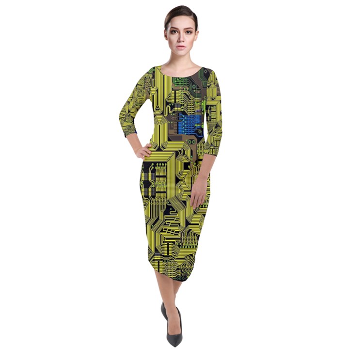 Technology Circuit Board Quarter Sleeve Midi Velour Bodycon Dress