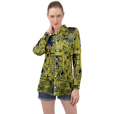 Technology Circuit Board Long Sleeve Satin Shirt by Ket1n9