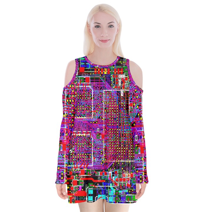 Technology Circuit Board Layout Pattern Velvet Long Sleeve Shoulder Cutout Dress