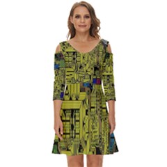 Technology Circuit Board Shoulder Cut Out Zip Up Dress