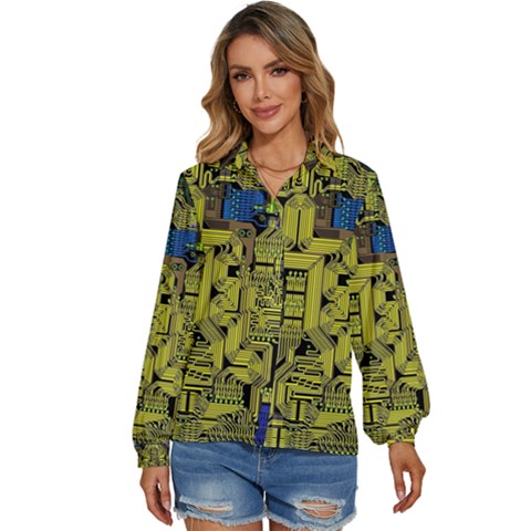 Technology Circuit Board Women s Long Sleeve Button Up Shirt by Ket1n9