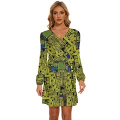 Technology Circuit Board Long Sleeve Waist Tie Ruffle Velvet Dress by Ket1n9