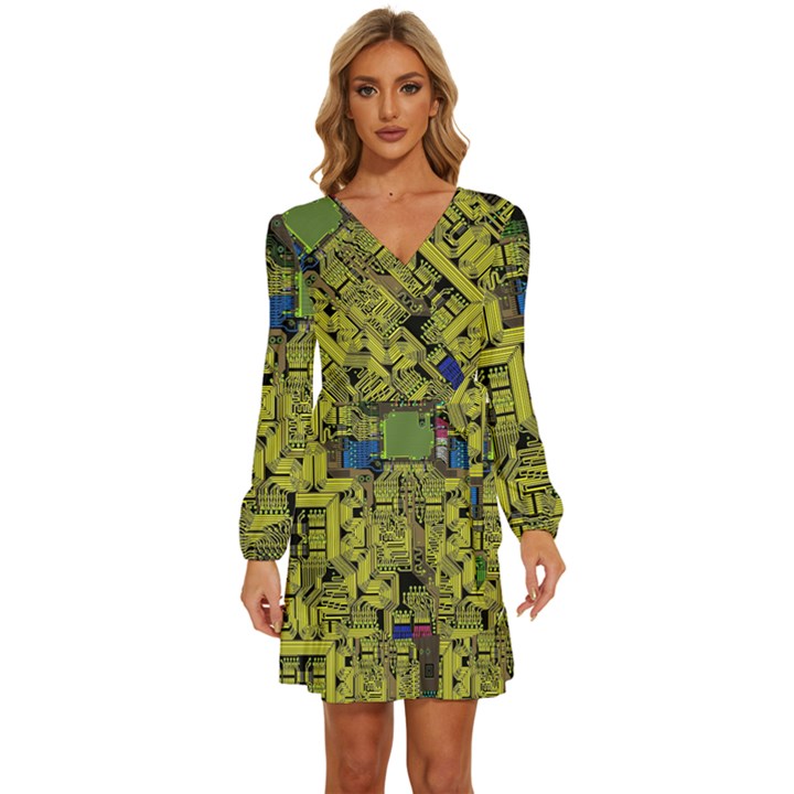 Technology Circuit Board Long Sleeve Waist Tie Ruffle Velvet Dress