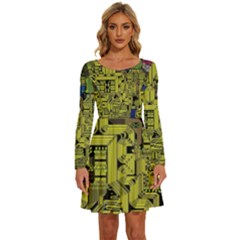 Technology Circuit Board Long Sleeve Wide Neck Velvet Dress by Ket1n9