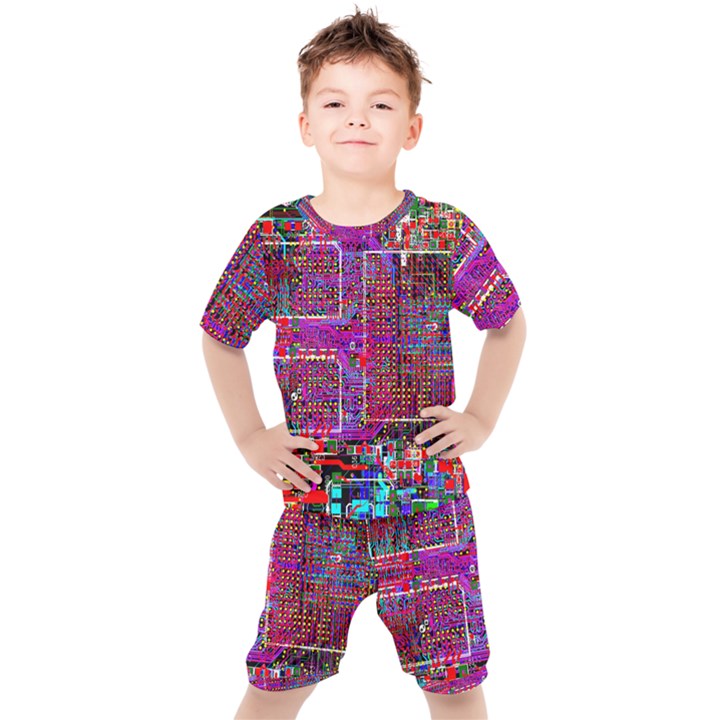 Technology Circuit Board Layout Pattern Kids  T-Shirt and Shorts Set