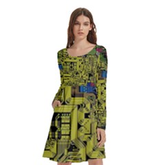 Technology Circuit Board Long Sleeve Knee Length Skater Dress With Pockets