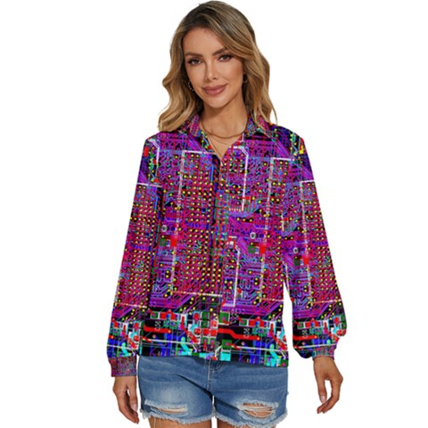 Technology Circuit Board Layout Pattern Women s Long Sleeve Button Up Shirt by Ket1n9