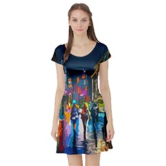 Abstract-vibrant-colour-cityscape Short Sleeve Skater Dress by Ket1n9