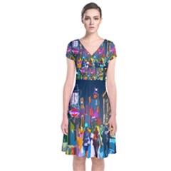 Abstract-vibrant-colour-cityscape Short Sleeve Front Wrap Dress by Ket1n9