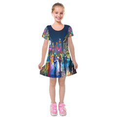 Abstract-vibrant-colour-cityscape Kids  Short Sleeve Velvet Dress by Ket1n9