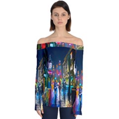 Abstract-vibrant-colour-cityscape Off Shoulder Long Sleeve Top by Ket1n9