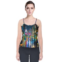 Abstract-vibrant-colour-cityscape Velvet Spaghetti Strap Top by Ket1n9