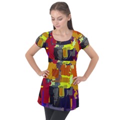 Abstract-vibrant-colour Puff Sleeve Tunic Top by Ket1n9