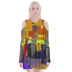 Abstract-vibrant-colour Velvet Long Sleeve Shoulder Cutout Dress by Ket1n9