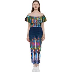 Abstract-vibrant-colour-cityscape Bardot Ruffle Jumpsuit by Ket1n9