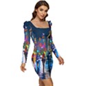 Abstract-vibrant-colour-cityscape Women Long Sleeve Ruched Stretch Jersey Dress View2