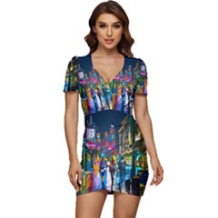 Abstract-vibrant-colour-cityscape Low Cut Cap Sleeve Mini Dress by Ket1n9