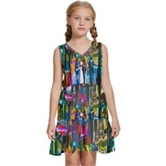 Abstract-vibrant-colour-cityscape Kids  Sleeveless Tiered Mini Dress by Ket1n9