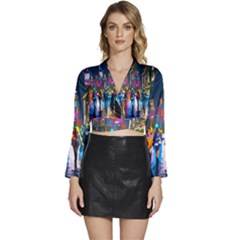 Abstract-vibrant-colour-cityscape Long Sleeve Tie Back Satin Wrap Top by Ket1n9