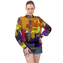 Abstract-vibrant-colour High Neck Long Sleeve Chiffon Top by Ket1n9