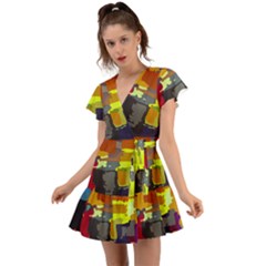 Abstract-vibrant-colour Flutter Sleeve Wrap Dress by Ket1n9