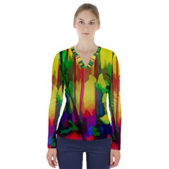 Abstract-vibrant-colour-botany V-neck Long Sleeve Top by Ket1n9