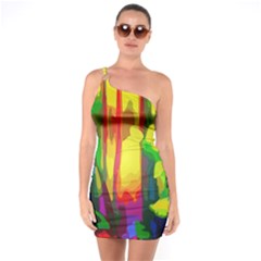 Abstract-vibrant-colour-botany One Shoulder Ring Trim Bodycon Dress by Ket1n9