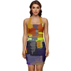 Abstract-vibrant-colour Sleeveless Wide Square Neckline Ruched Bodycon Dress by Ket1n9