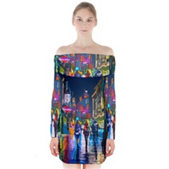 Abstract-vibrant-colour-cityscape Long Sleeve Off Shoulder Dress by Ket1n9